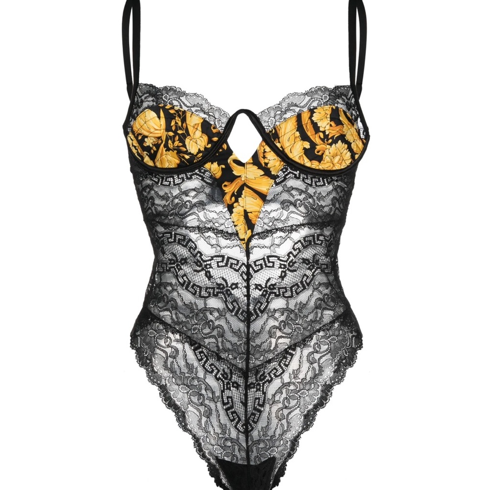 Versace Barocco Lace Bodysuit – Black & Gold, Size 1-D (With Tags)